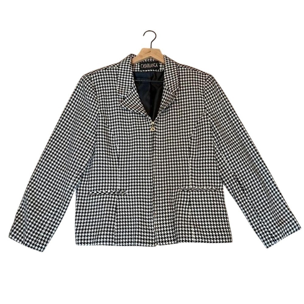 CASABLANCA Women Wool Blend Houndstooth Zip Jacket Size 16 Classic Vintage